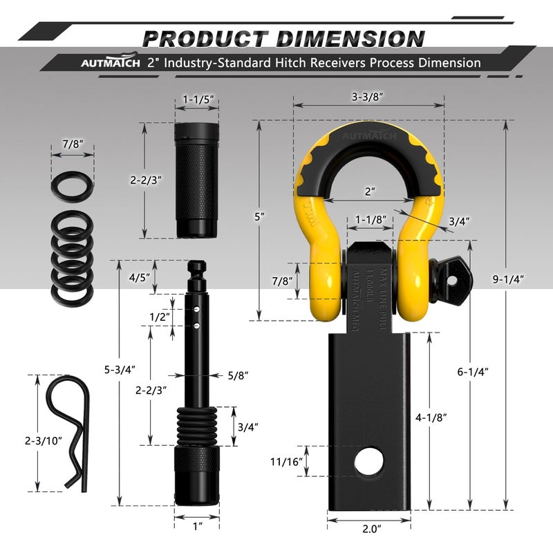 AUTMATCH Shackle Hitch Receiver 2 Inch - 3/4"" D Ring Shackle and 5/8"" Trailer Hitch Lock Pin  45 000 Lbs Break Strength Heavy Duty Receiver Towing Kit for Off-Road Vehicle Recovery  Black & Yellow - Image 3